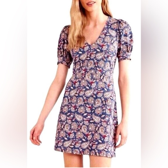 Boden Dresses & Skirts - BODEN V-Neck Puff Sleeves Blue Paisley Cotton-Jersey Mini Dress, Size 16/18L NWT